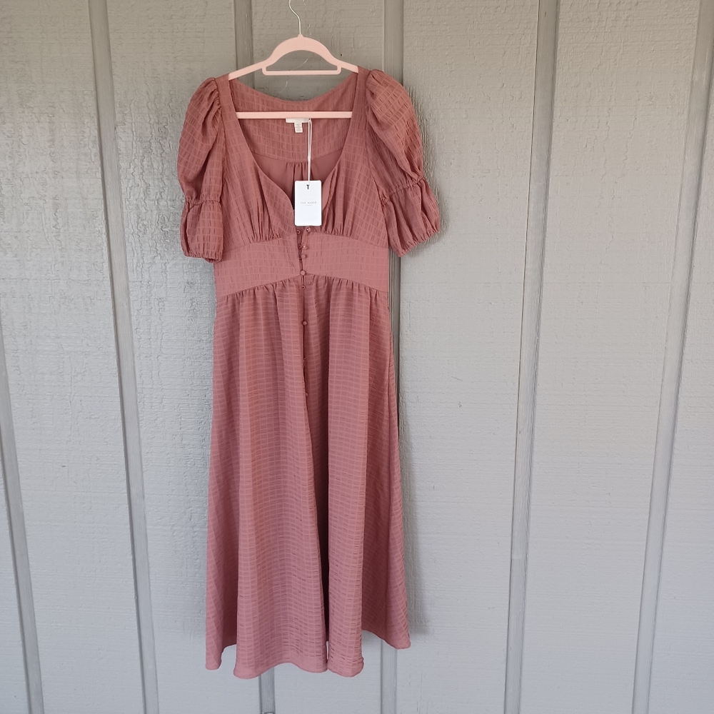 Ted Baker Angeia Midi Dress Size 3 US 8 Puff Sleeve Seersucker Feminine Defect - Picture 1 of 15